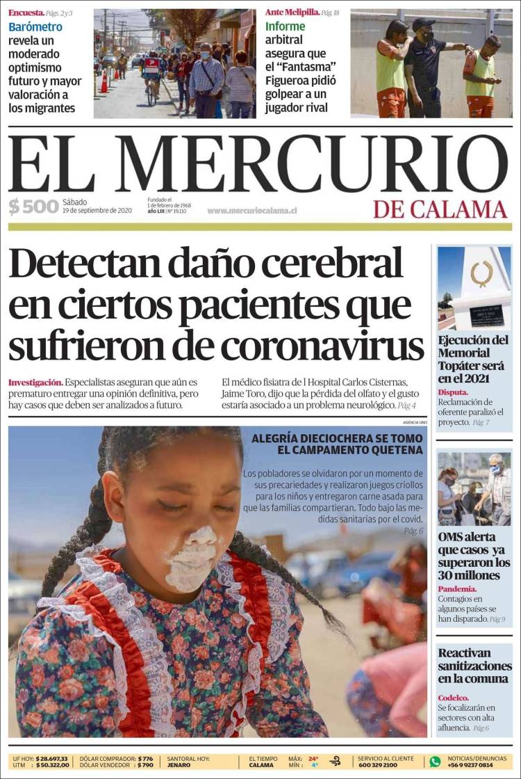Portada de El Mercurio - Calama (Chile)