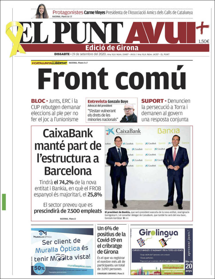 Newspaper El Punt Avui - Girona (Spain). Newspapers in Spain. Saturday's  edition, September 19 of 2020. Kiosko.net