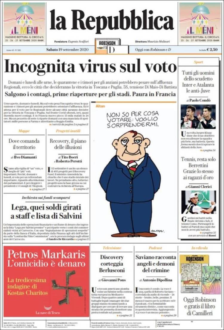 Portada de La Repubblica (Italia)