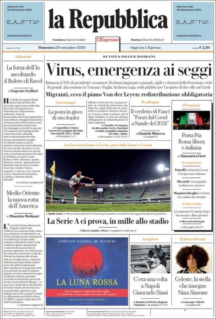 Portada de La Repubblica (Italia)