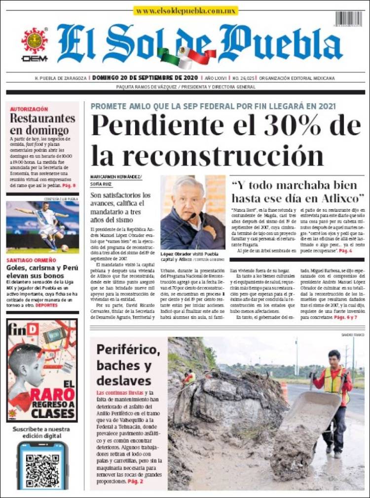 Portada de El Sol de Puebla (M&eacute;xico)