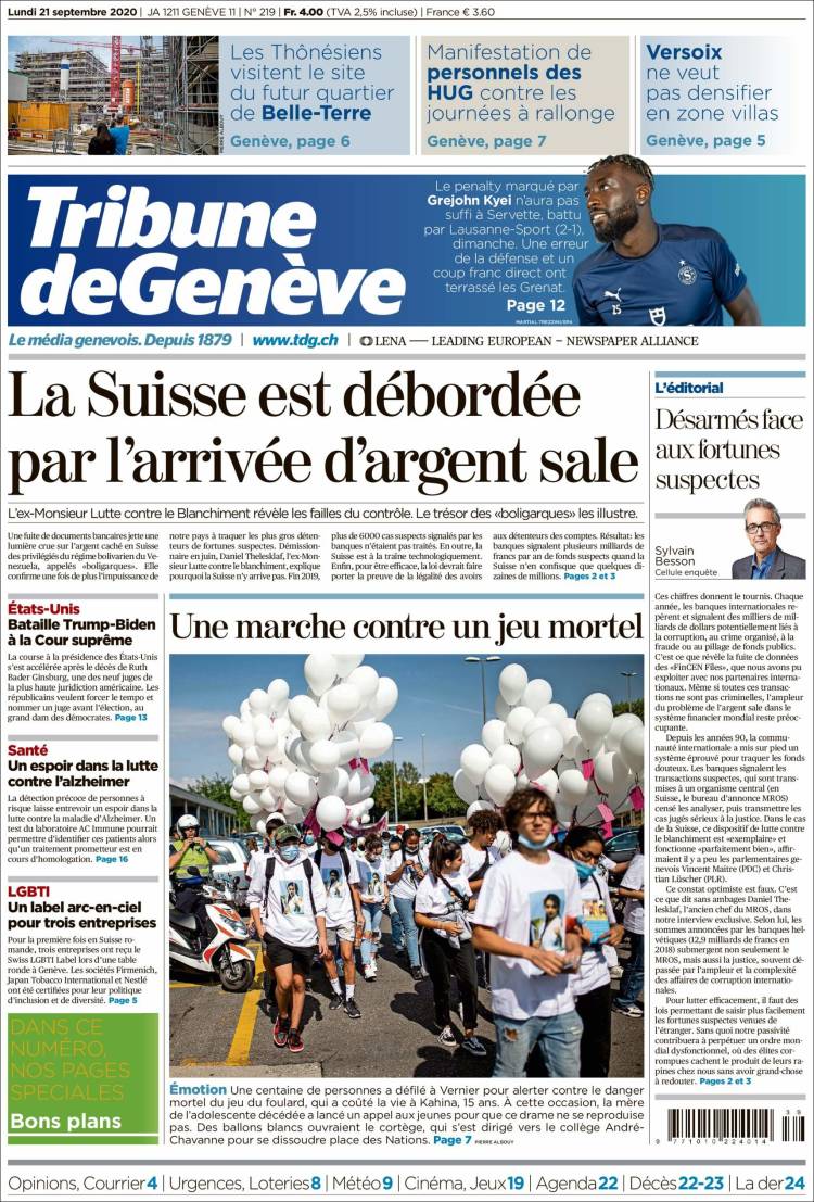 Portada de La Tribune de Genève (Suiza)