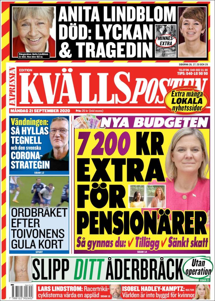 Portada de Kvällsposten (Suecia)