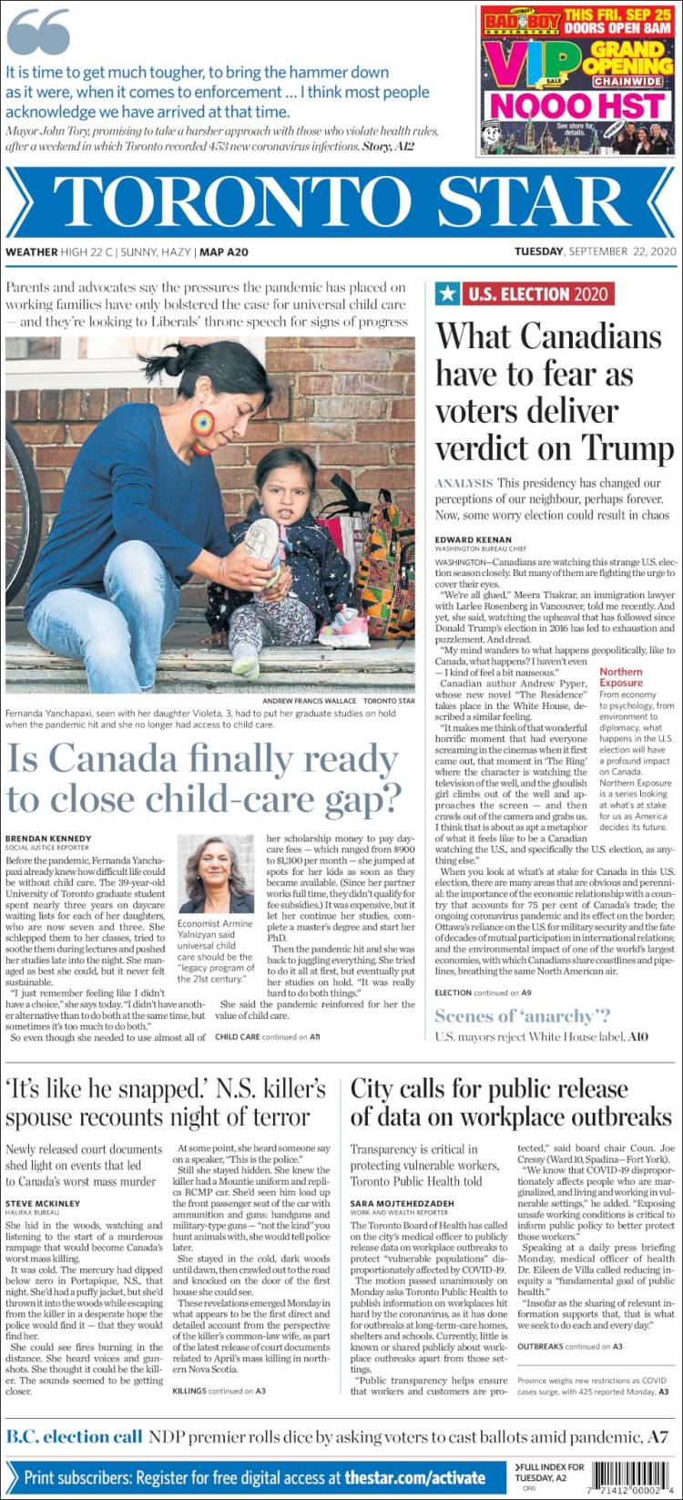 Portada de The Toronto Star (Canadá)