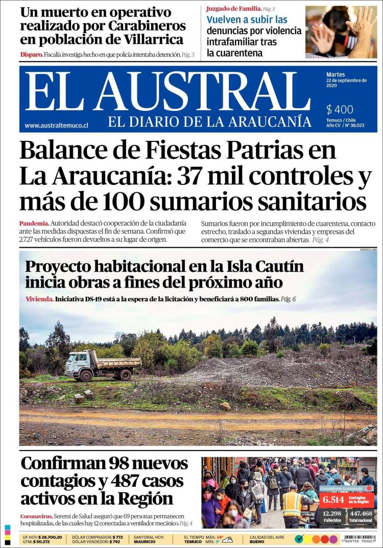 Portada de El Austral de Temuco (Chile)
