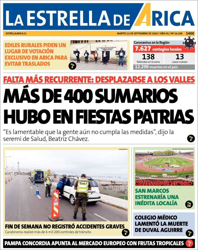 Portada de La Estrella de Arica (Chile)