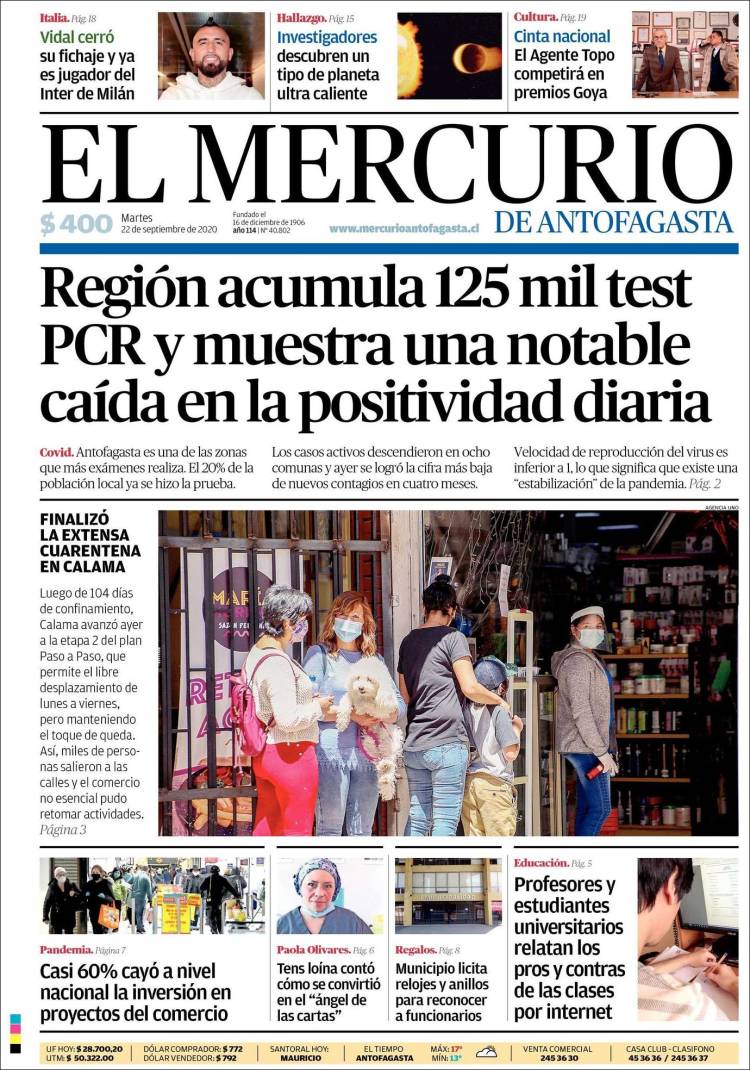 Portada de El Mercurio de Antofagasta (Chile)
