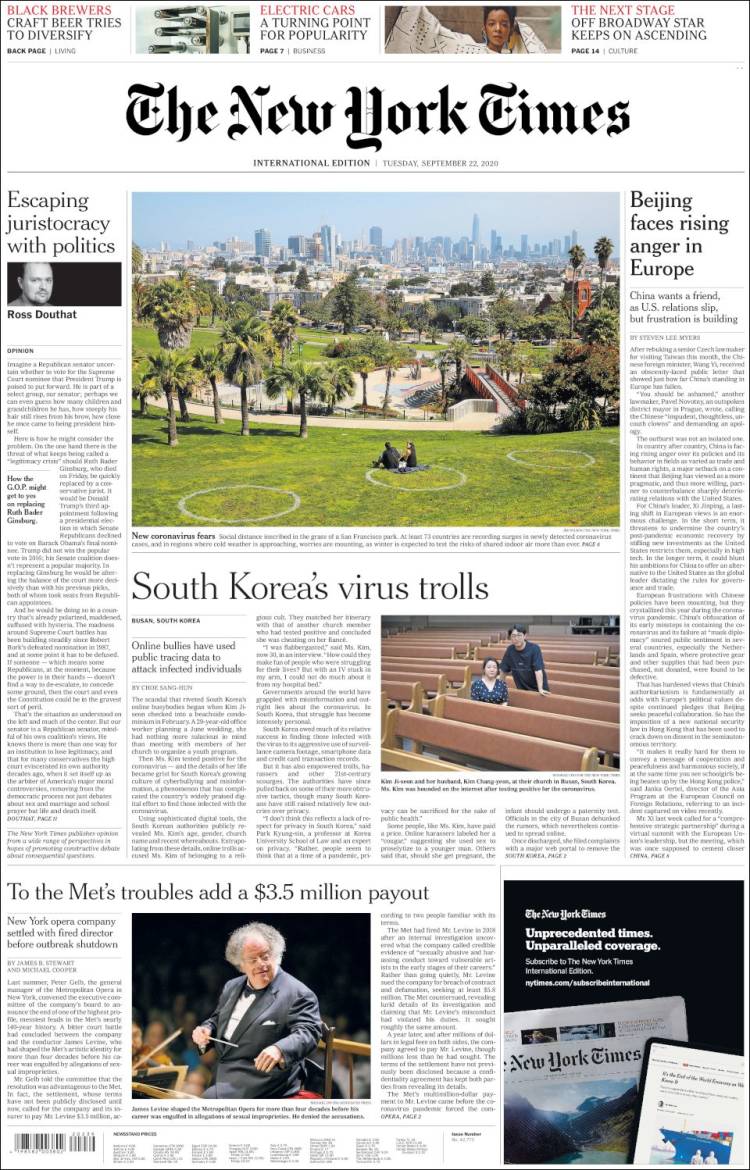 Portada de International New York Times (Europa)