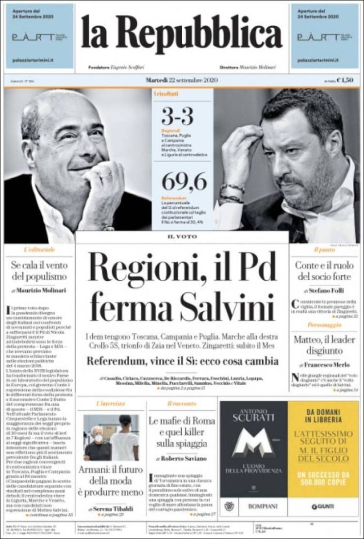 Portada de La Repubblica (Italia)