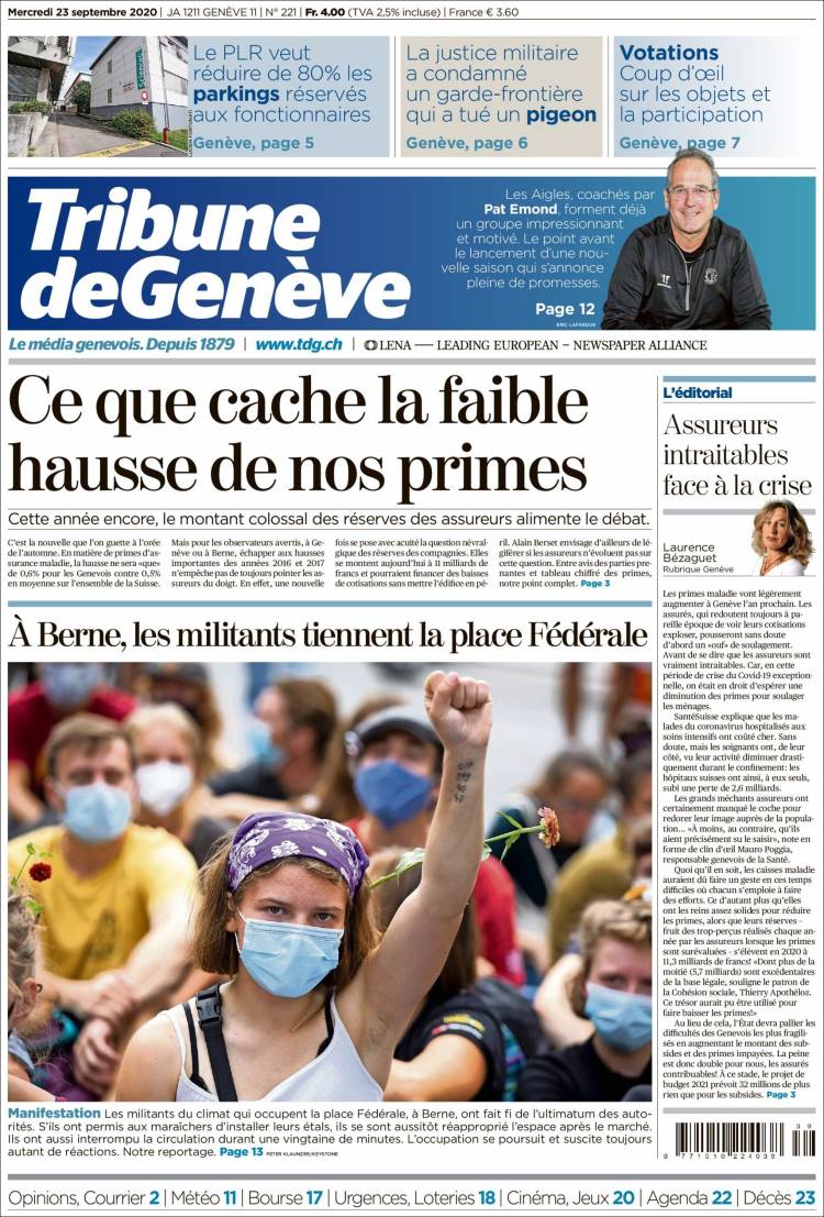 Portada de La Tribune de Genève (Suiza)