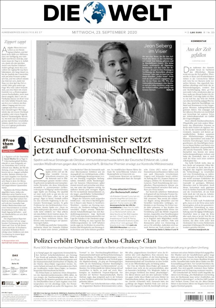 Portada de Die Welt (Alemania)