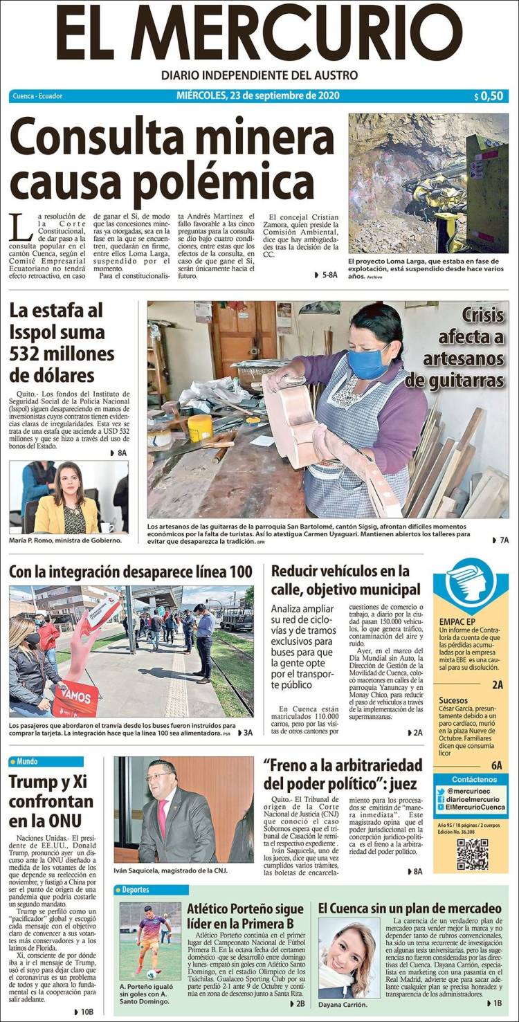 Portada de Diario El Mercurio (Ecuador)