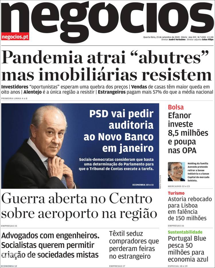 Portada de Jornal de Negócios (Portugal)