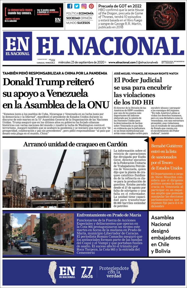 Portada de El Nacional (Venezuela)