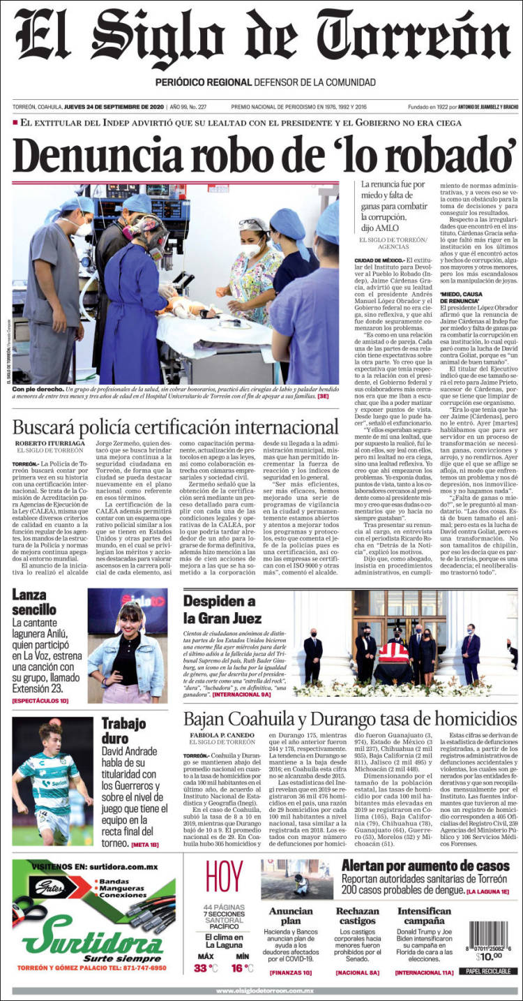 Portada de El Siglo de Torreon (M&eacute;xico)