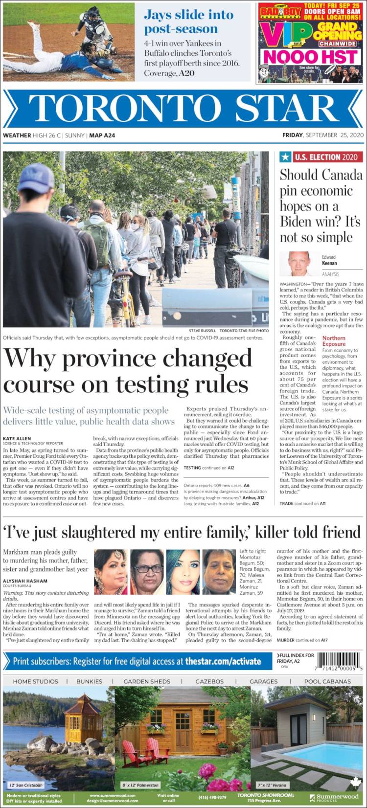 Portada de The Toronto Star (Canadá)