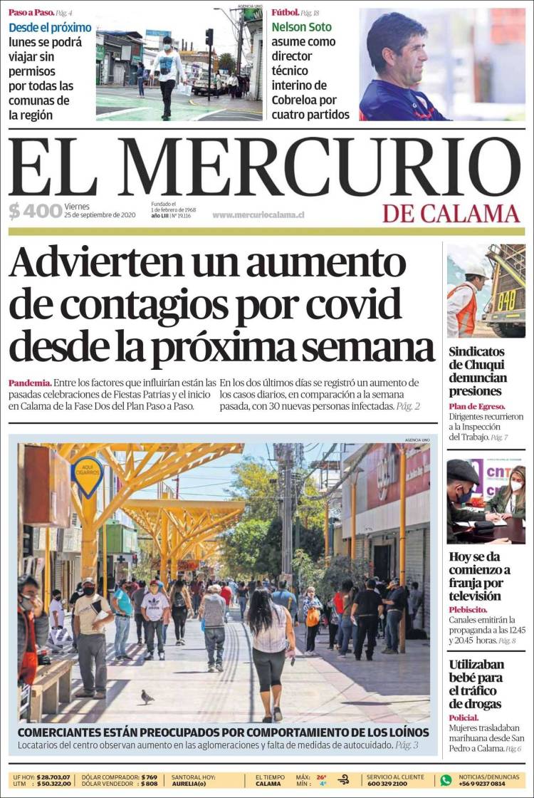 Portada de El Mercurio - Calama (Chile)