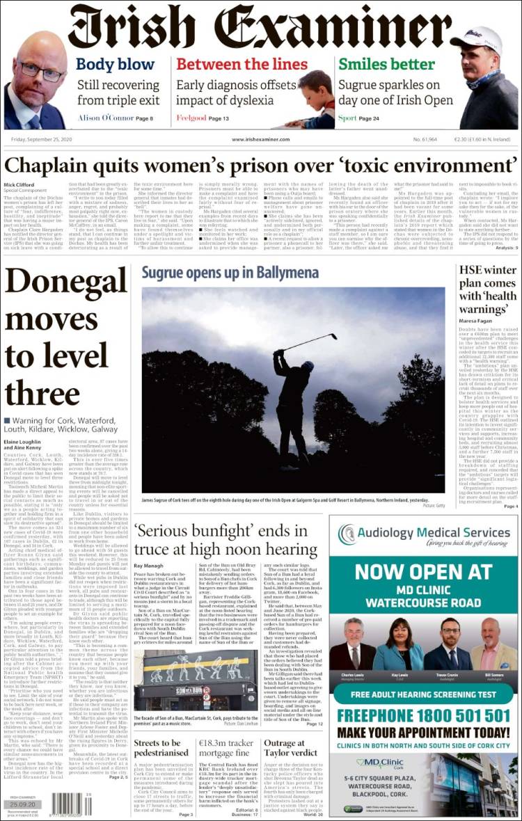 Portada de Irish Examiner (Irlanda)