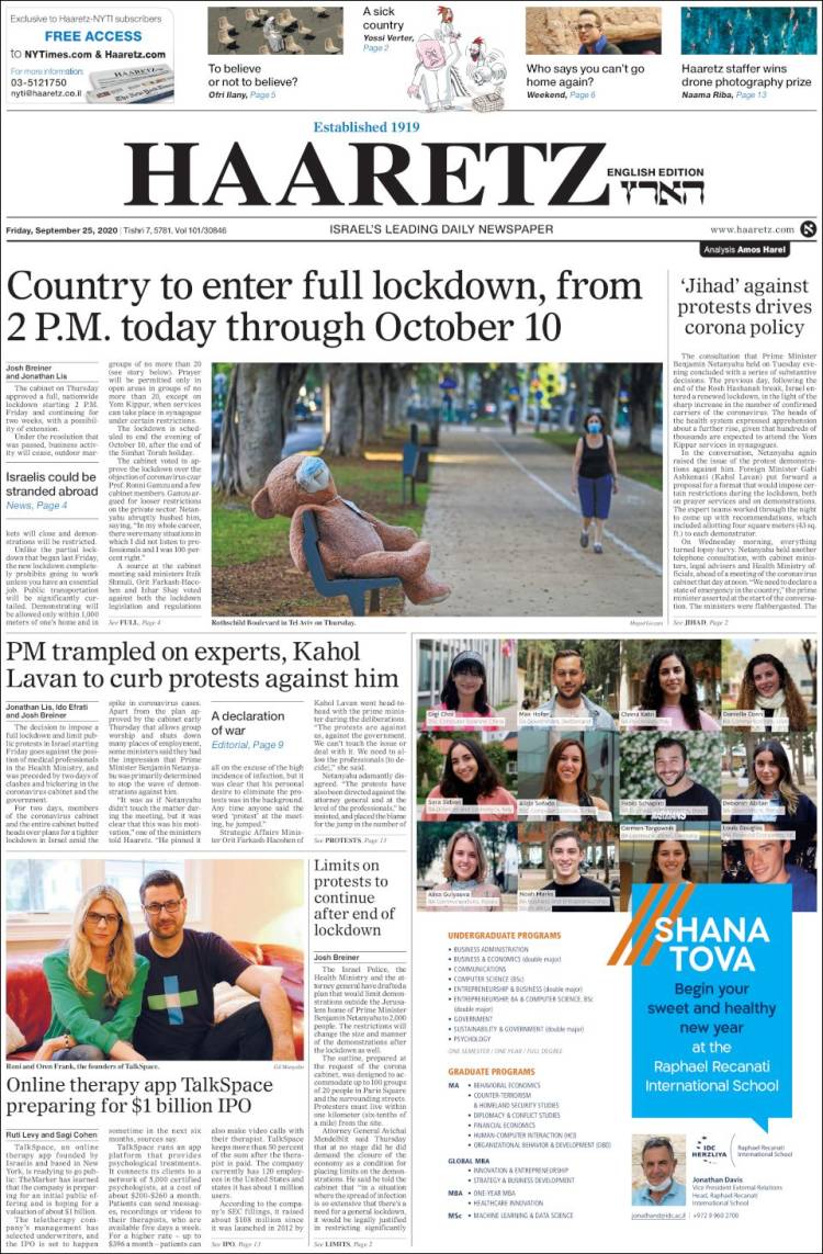 Portada de Haaretz (Israel)