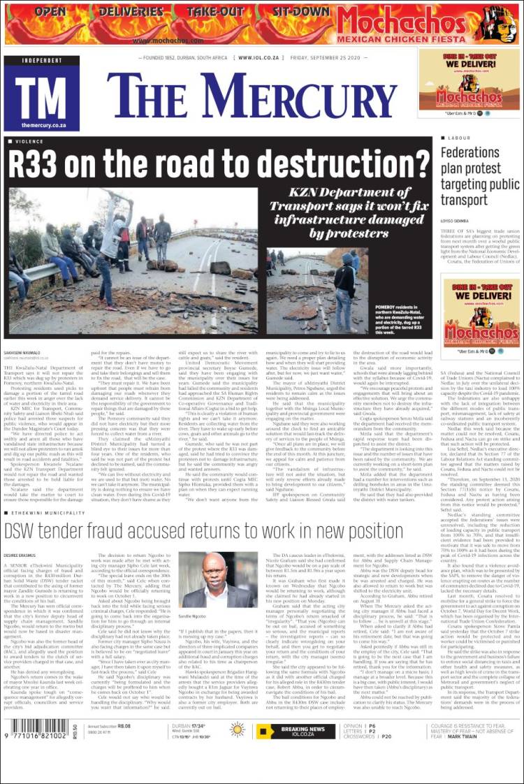 Portada de The Mercury (Sud&aacute;frica)