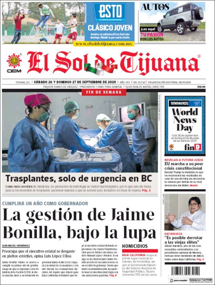 Portada de El Sol de Tijuana (M&eacute;xico)