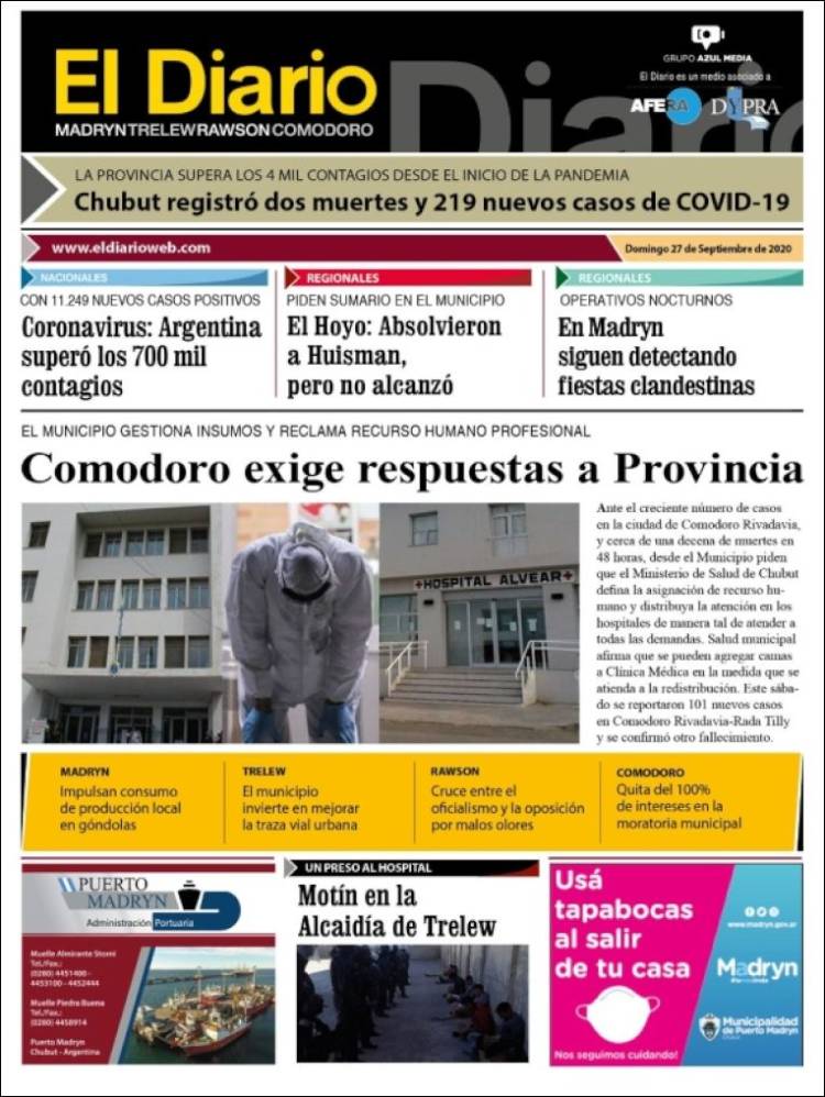 Portada de El Diario de Madryn (Argentina)