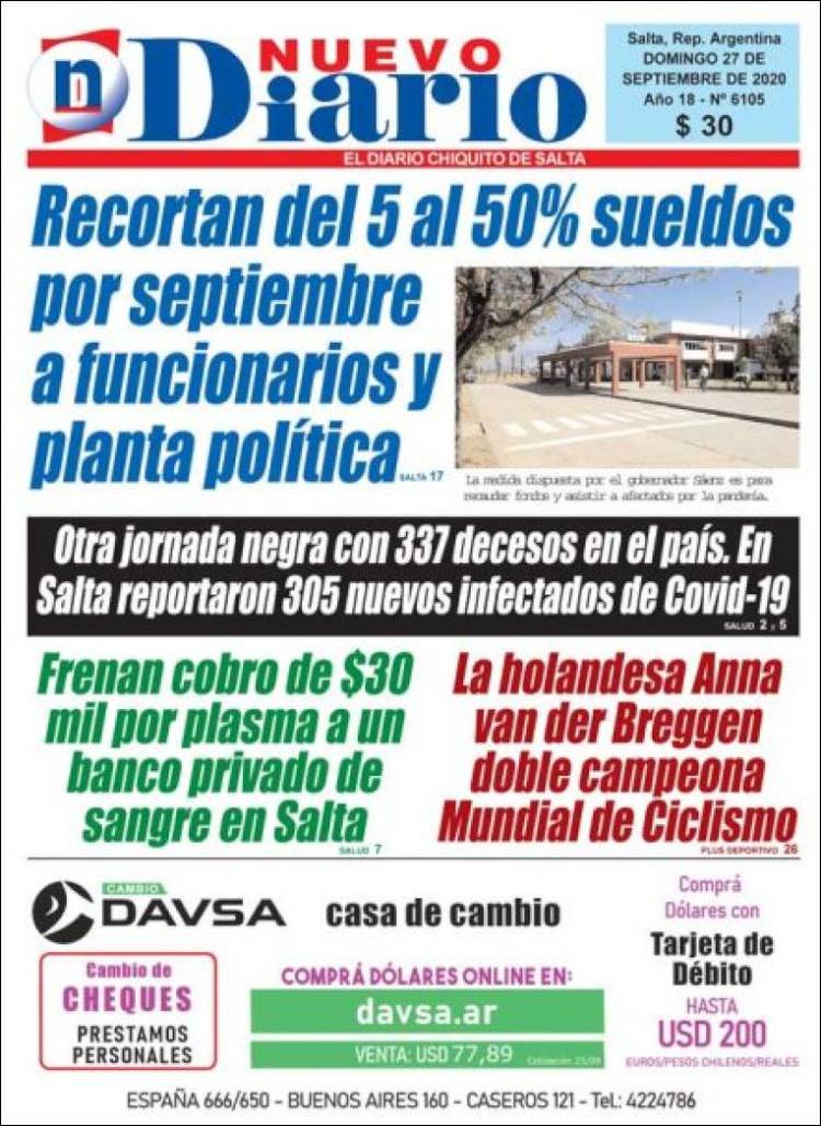 Portada de Nuevo Diario de Salta (Argentina)