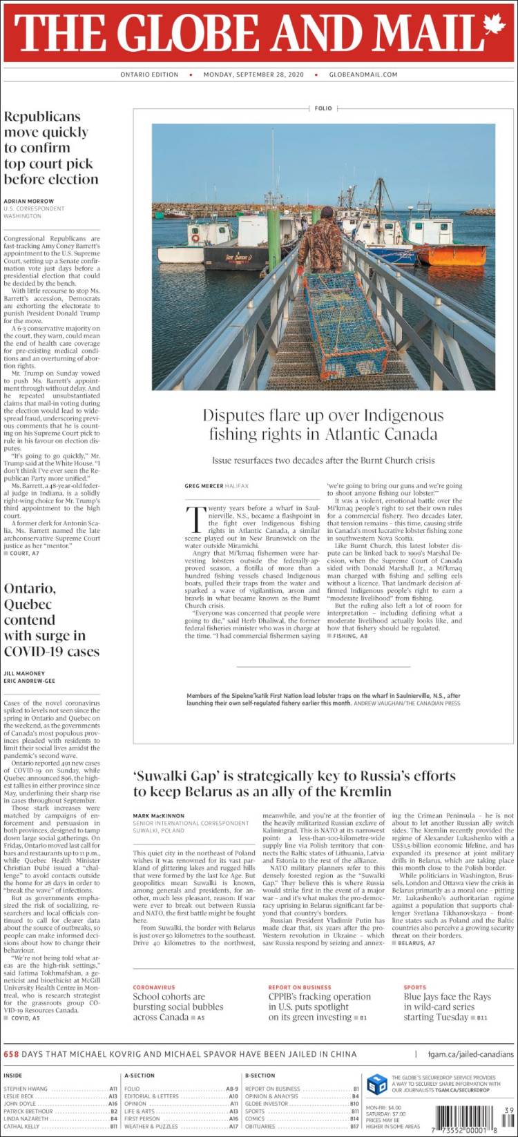 Portada de The Globe and Mail (Canadá)