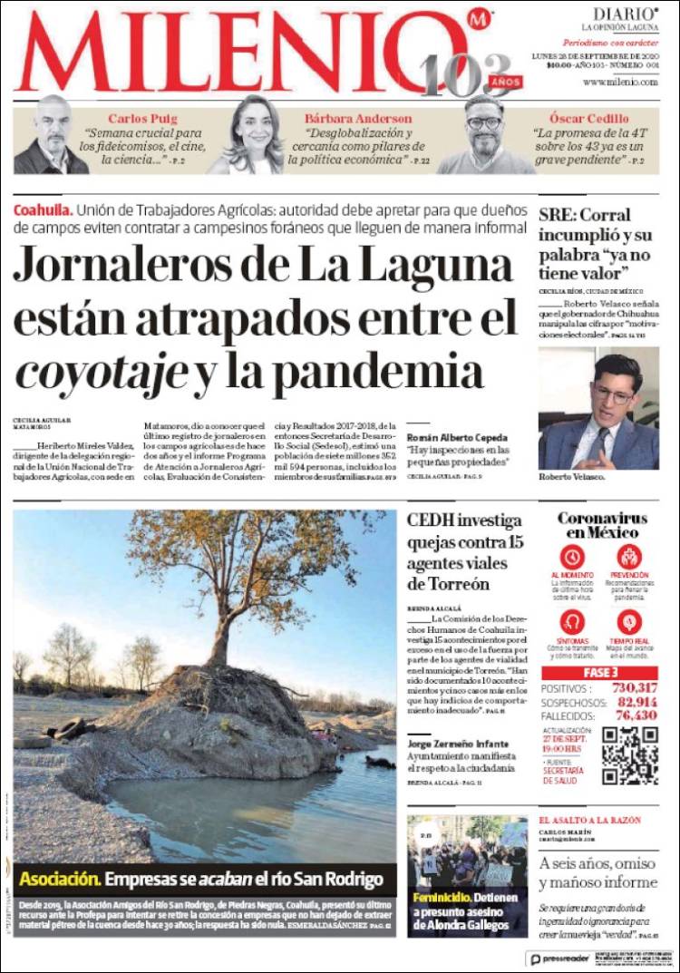 Portada de Milenio - Laguna (México)