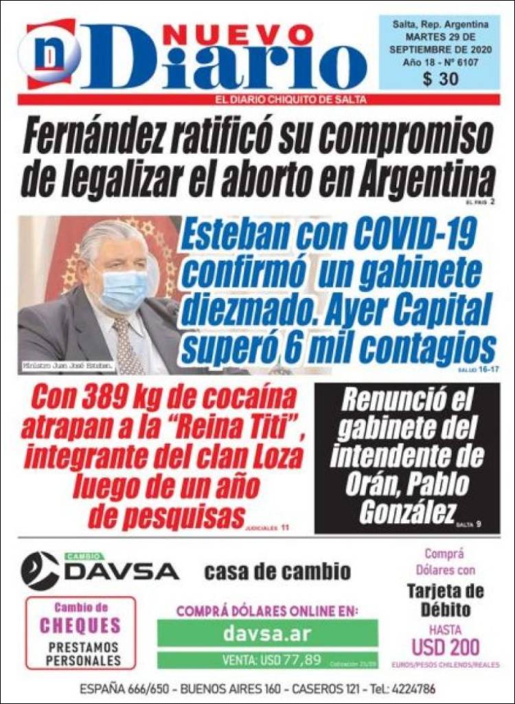 Portada de Nuevo Diario de Salta (Argentina)