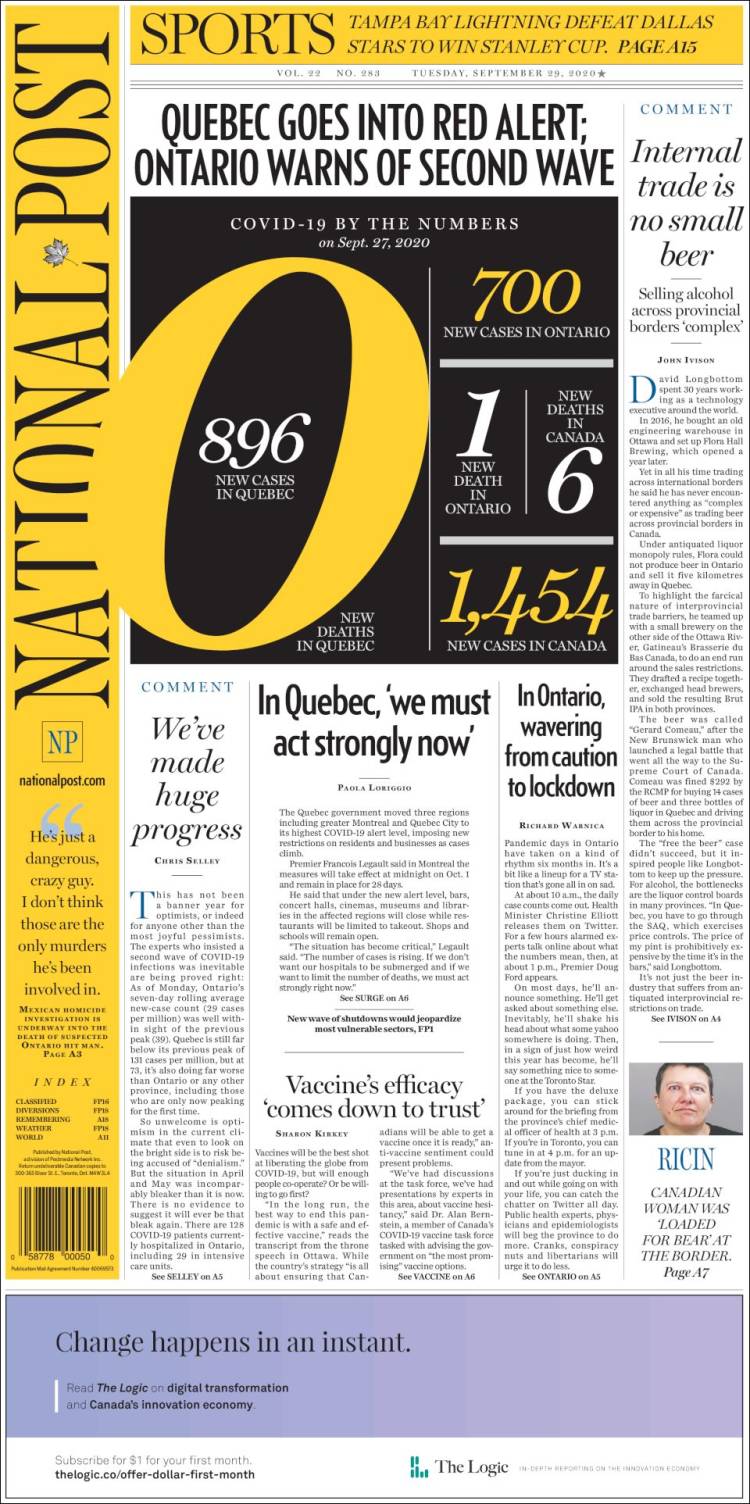 Portada de The National Post (Canadá)