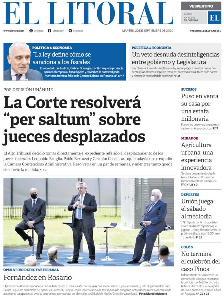 Portada de Diario El Litoral (Argentina)