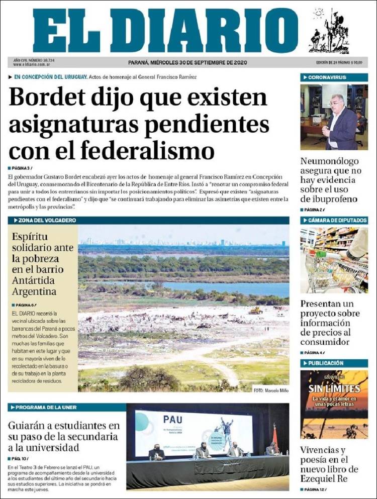 Portada de El Diario de Paraná (Argentina)