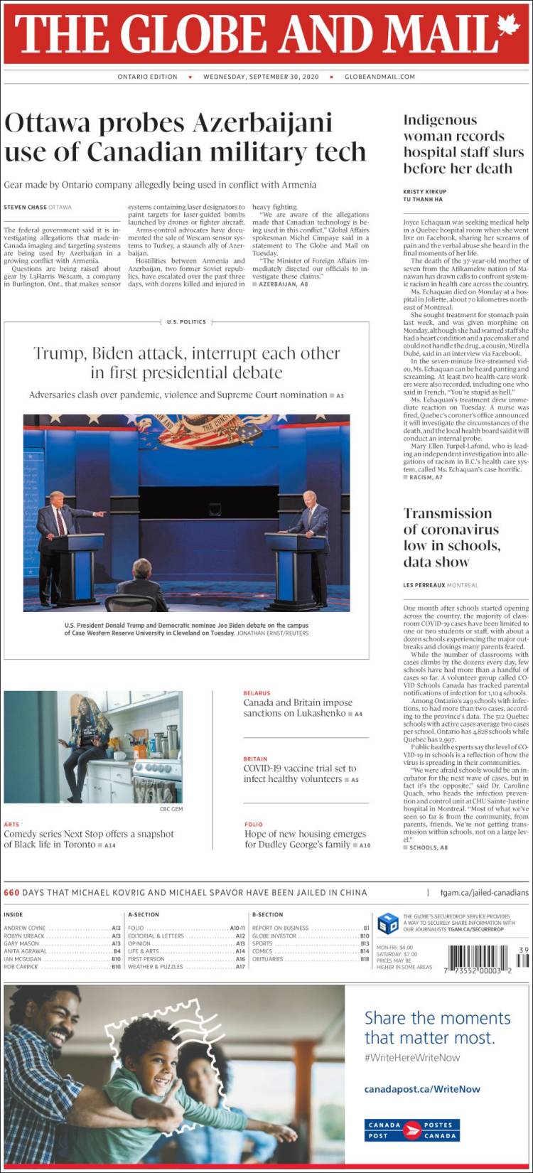 Portada de The Globe and Mail (Canadá)