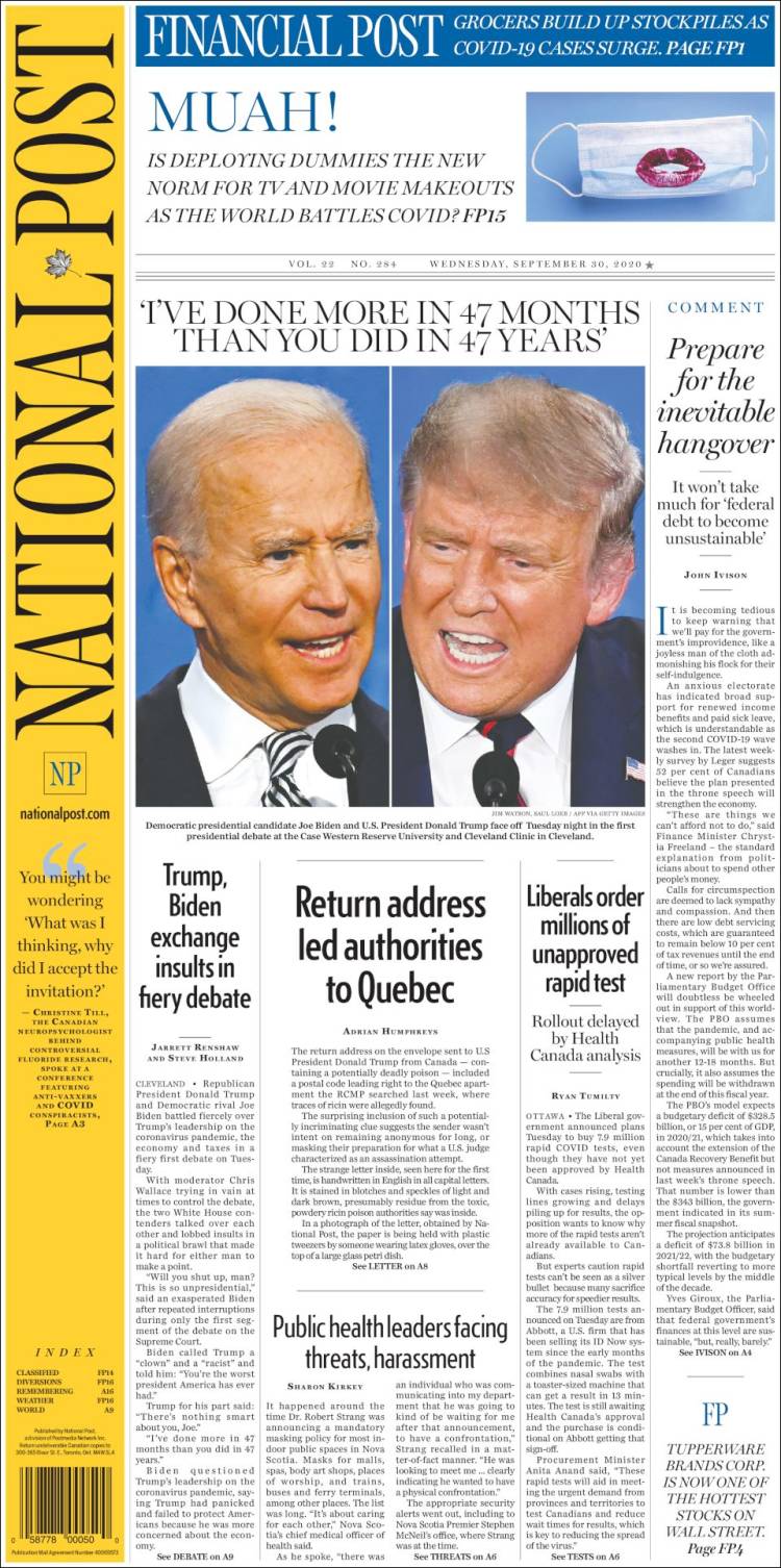 Portada de The National Post (Canadá)