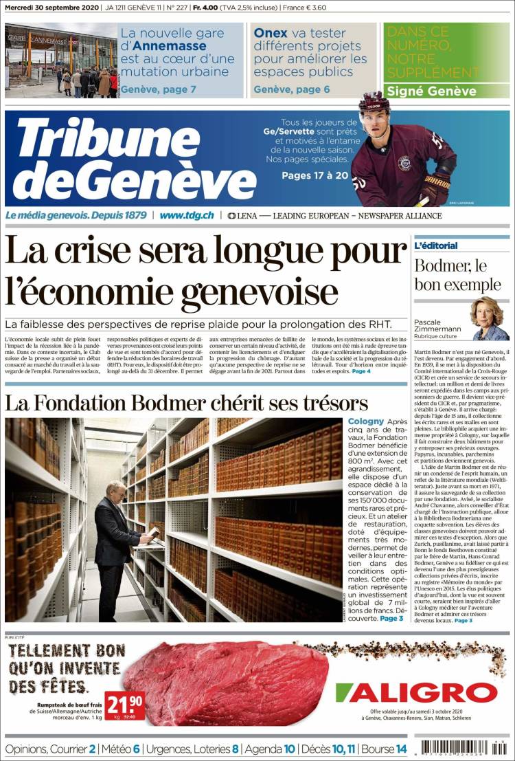 Portada de La Tribune de Genève (Suiza)