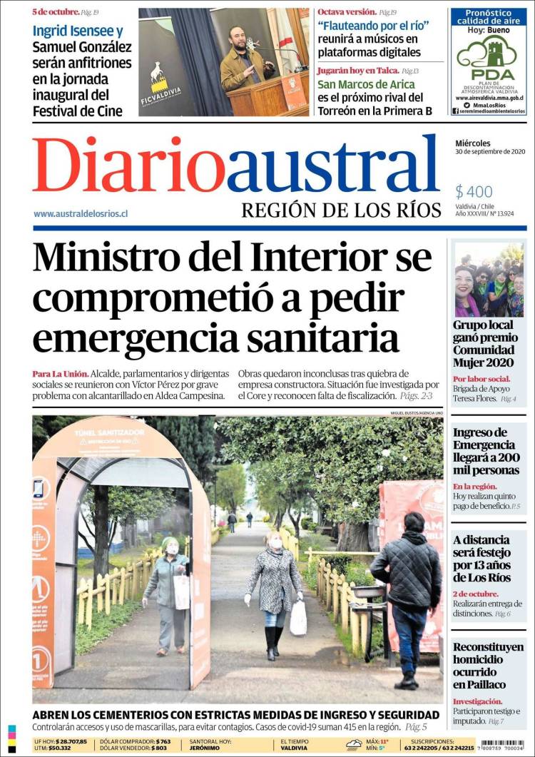 Portada de El Diario Austral de Valdivia (Chile)