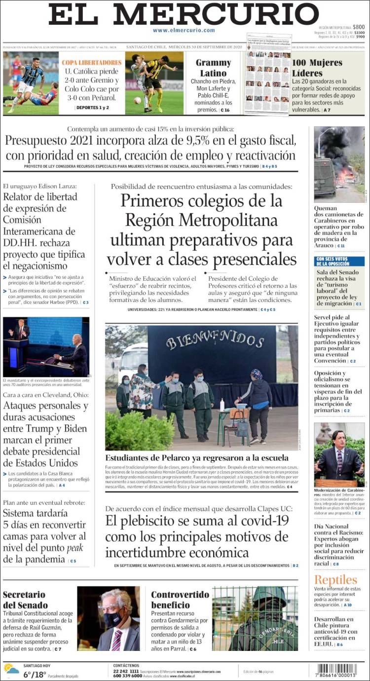 Portada de El Mercurio (Chile)