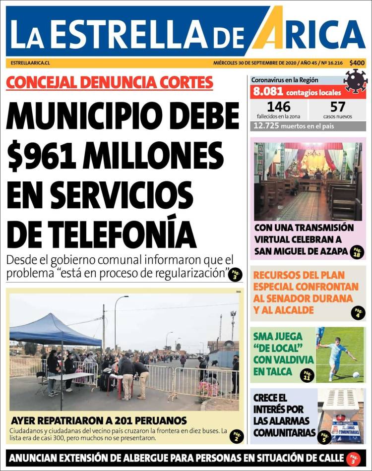 Portada de La Estrella de Arica (Chile)