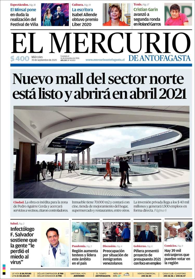 Portada de El Mercurio de Antofagasta (Chile)