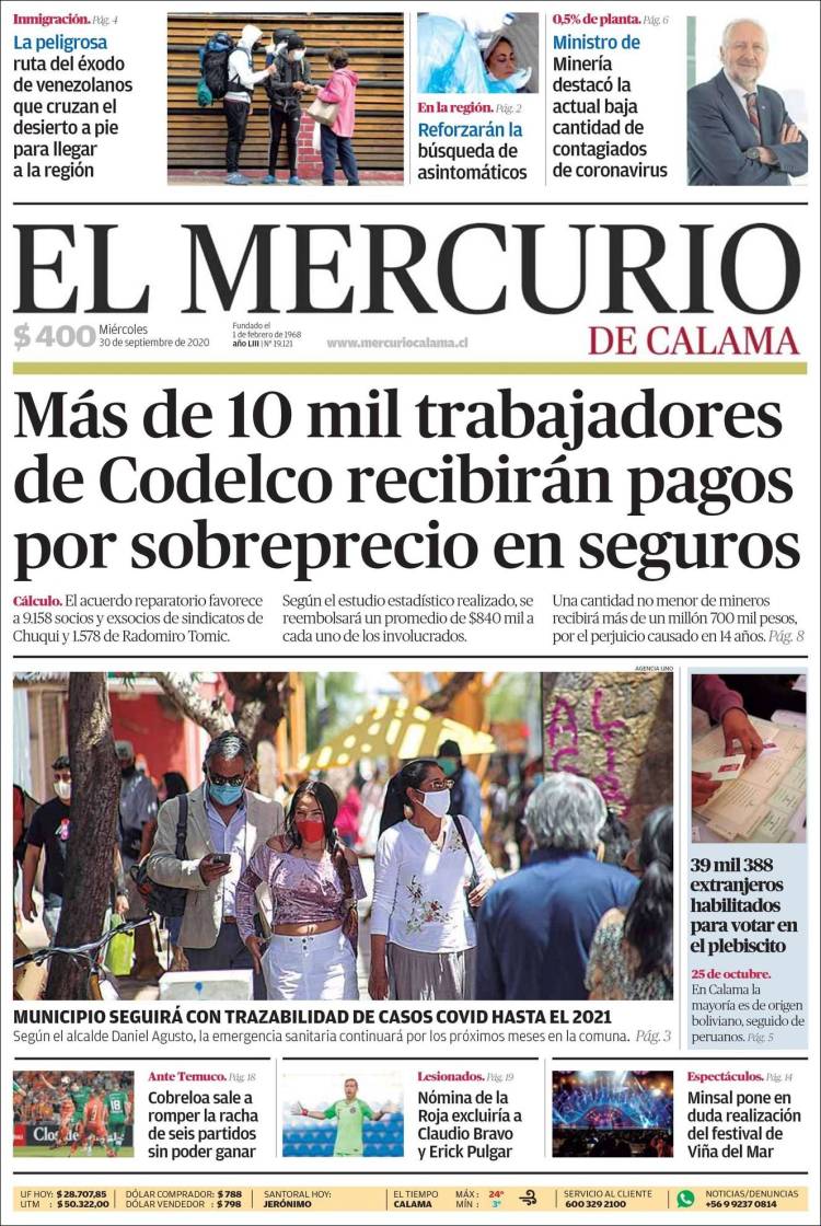 Portada de El Mercurio - Calama (Chile)