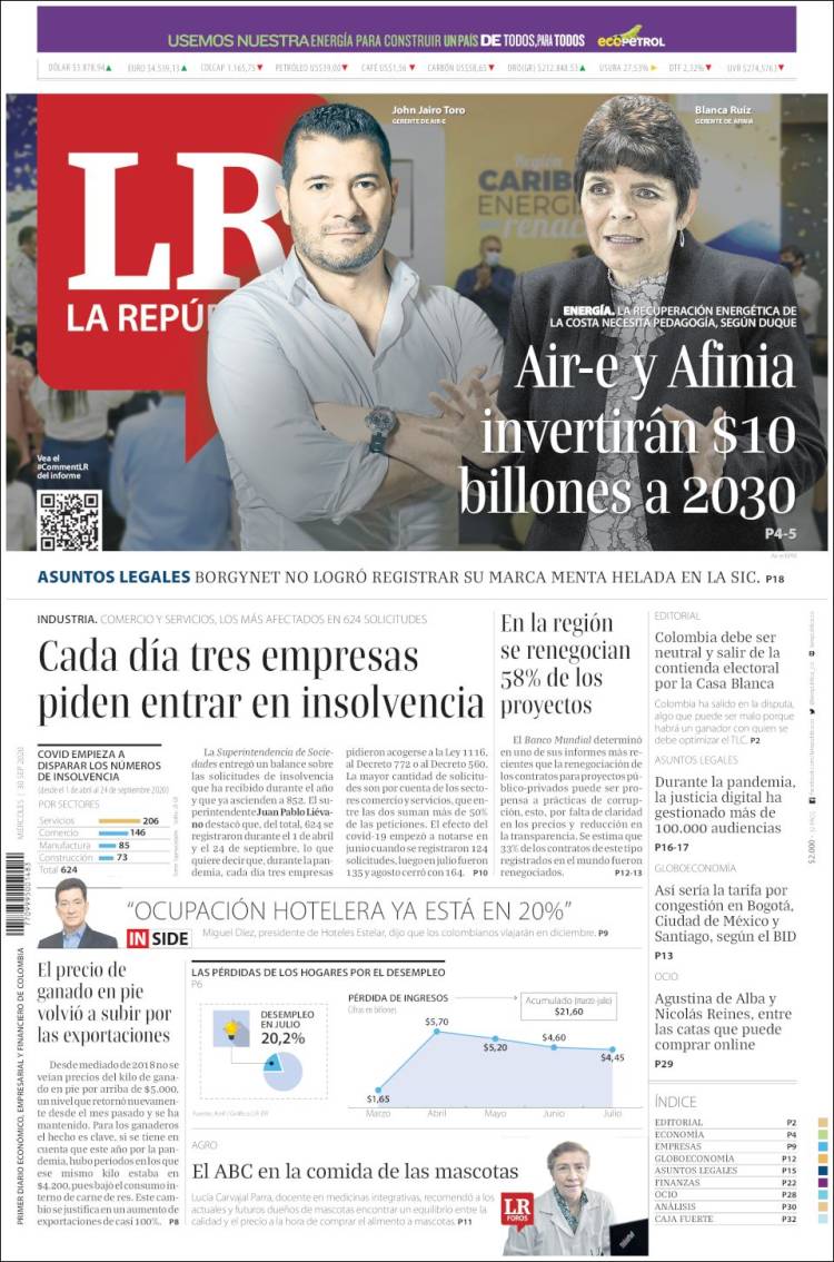 Portada de La Republica (Colombia)