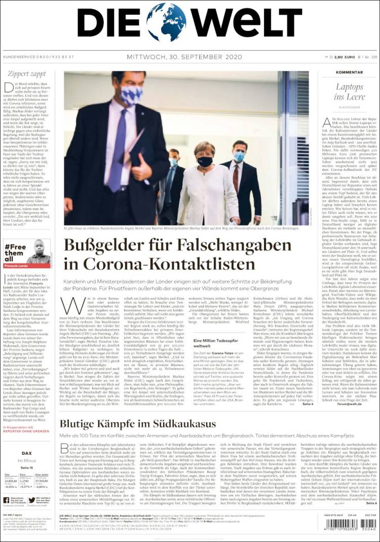 Portada de Die Welt (Alemania)