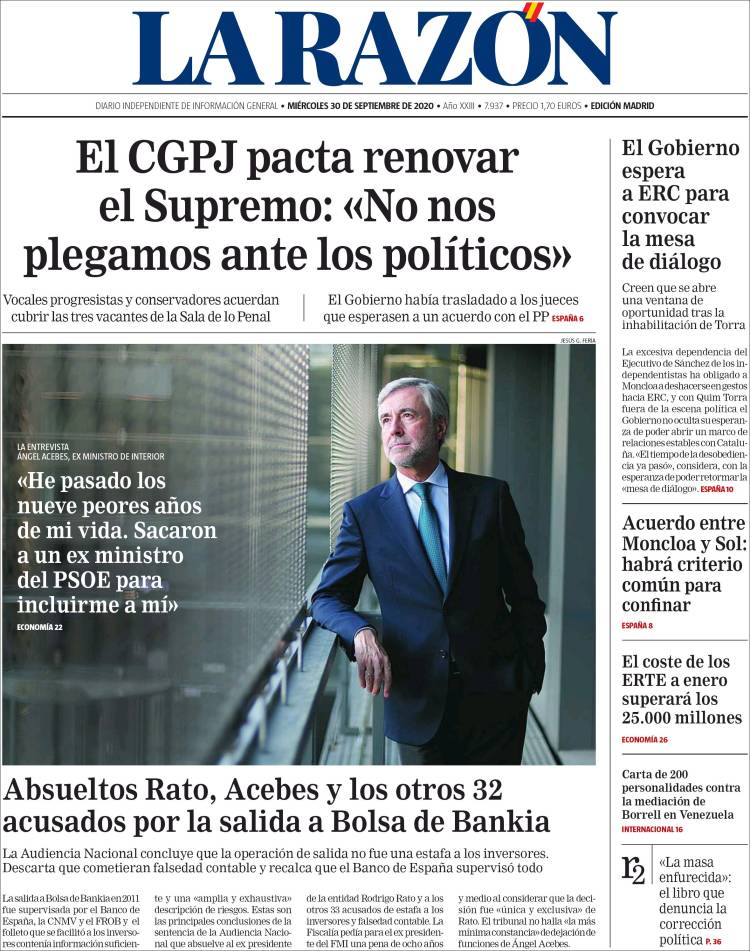 Portada de La Razón (España)