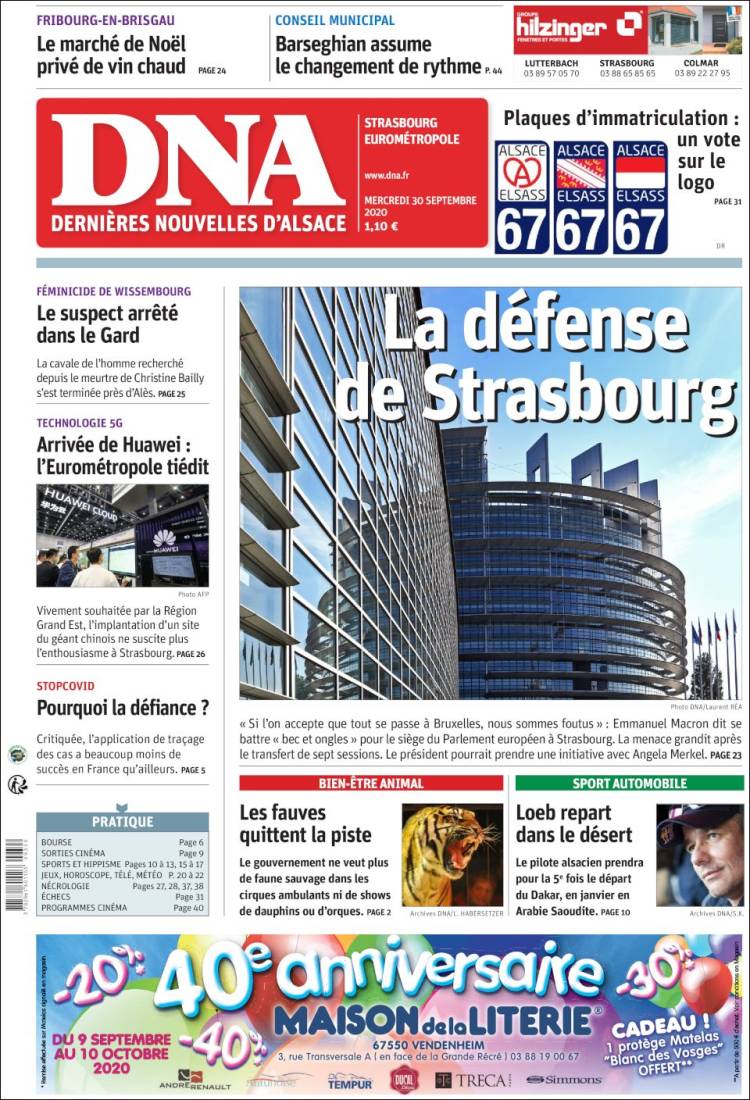 Portada de Les Dernières Nouvelles d'Alsace (Francia)