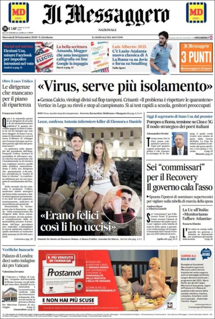 Portada de Il Messaggero (Italia)