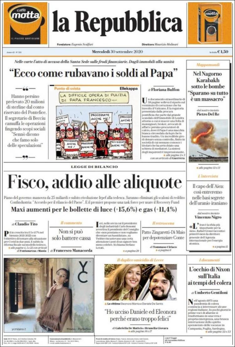 Portada de La Repubblica (Italia)
