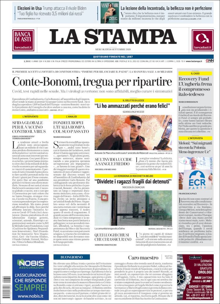 Portada de La Stampa (Italia)
