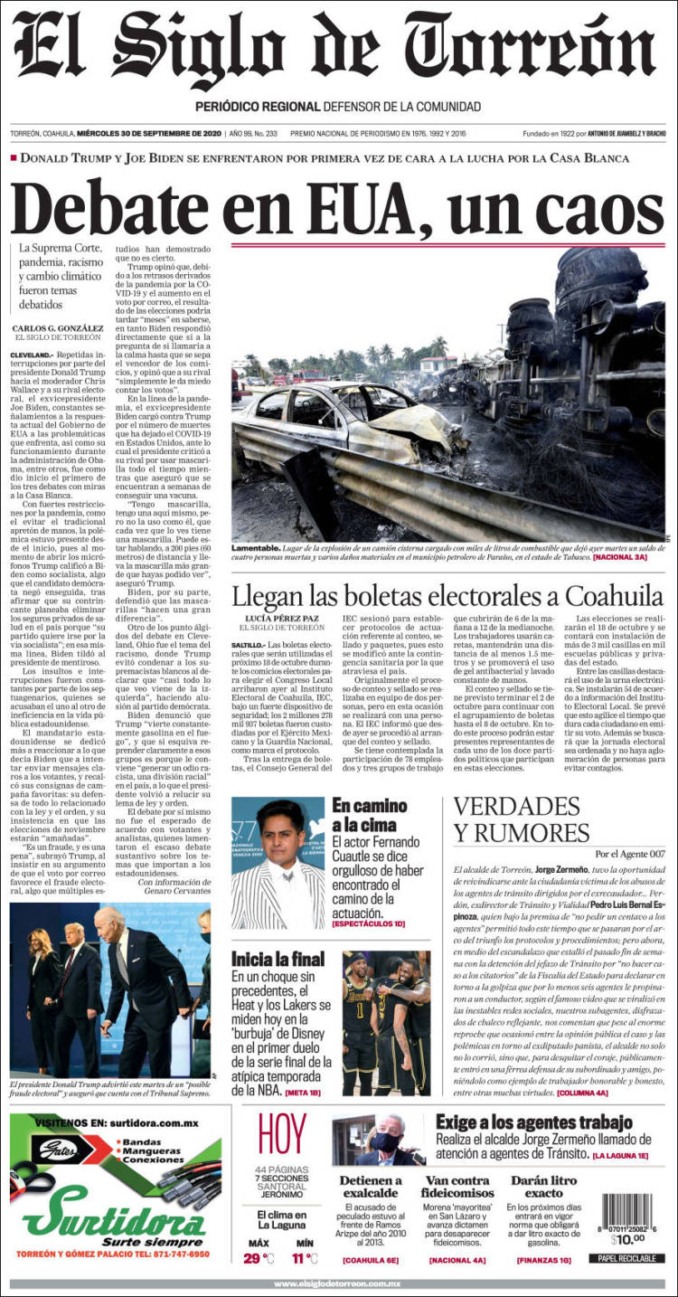 Portada de El Siglo de Torreon (M&eacute;xico)