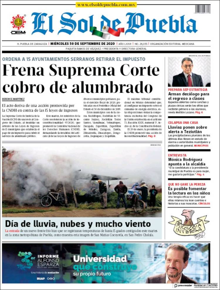 Portada de El Sol de Puebla (M&eacute;xico)